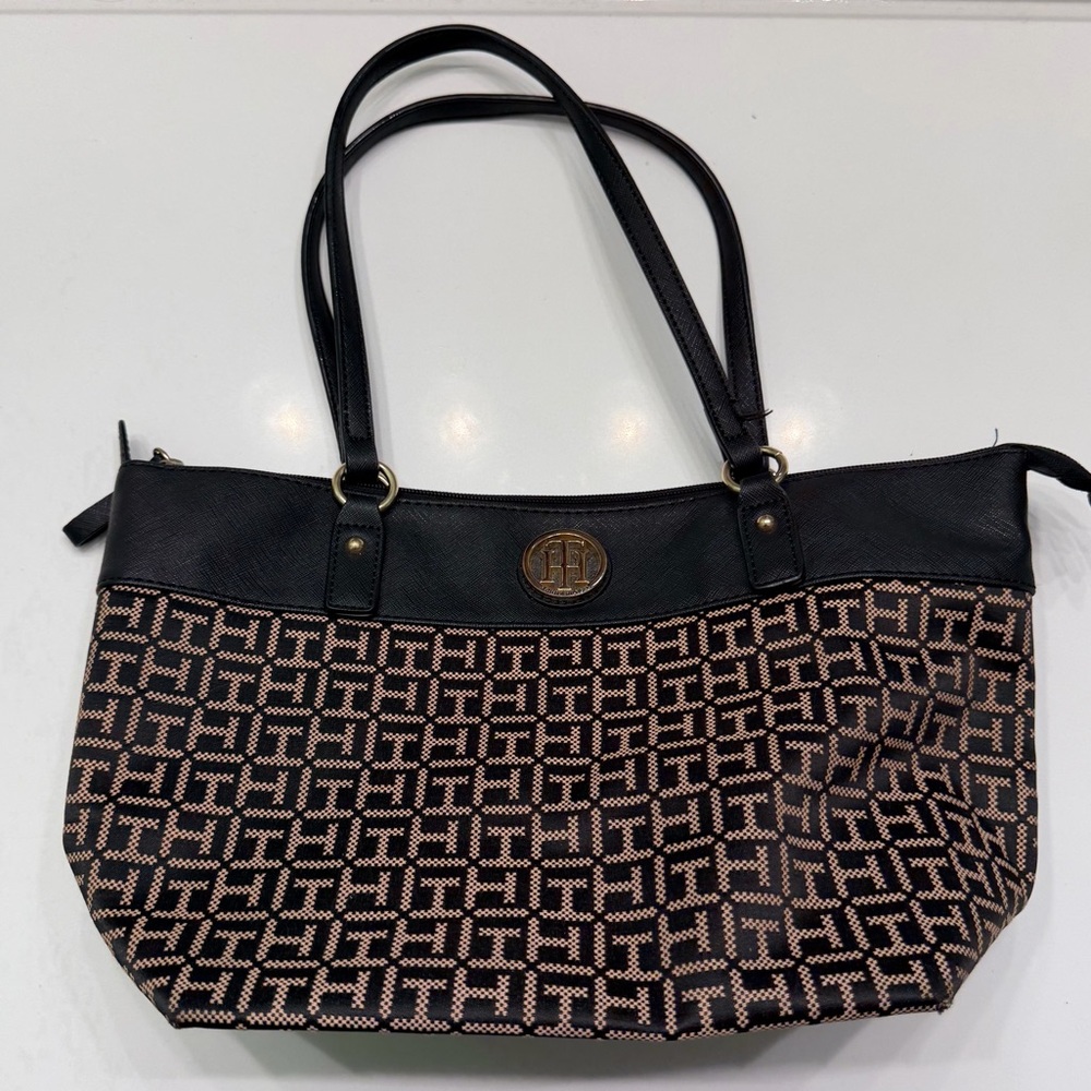 Tommy Hilfiger Black and Tan Logo Tote